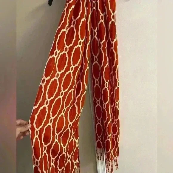 Spartina 449 pumpkin Orange Patterned Scarf with Fringe - Picture 3 of 7